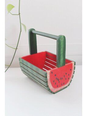 Vintage Watermelon Wooden Basket With Handle - Hand Painted Rustic Farmhouse Dec